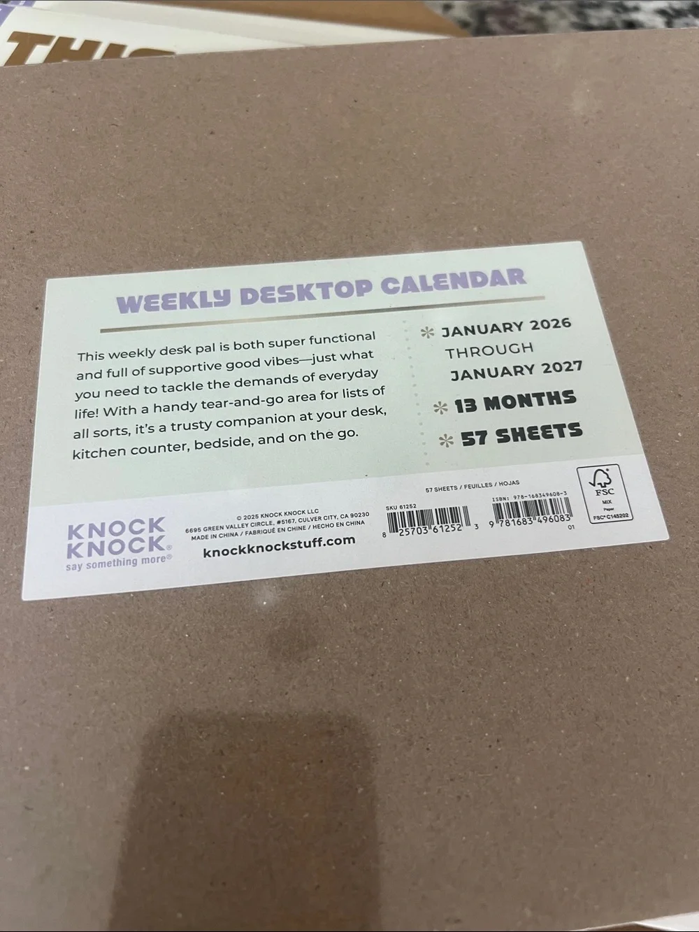 3 Knock Knock This Week Desk Planner Pad — Beige, Purple & Gold accents.